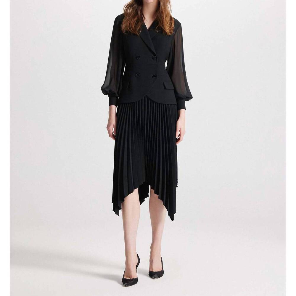NEW THEO THE LABEL atlas crepe and chiffon pleated dress in black